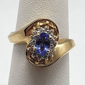 14K YELLOW GOLD TANZANITE & DIAMOND RING  SIZE 5